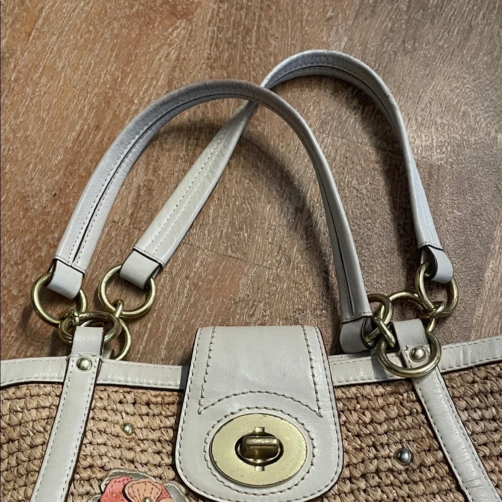 Vintage Coach Hampton Floral Leather & Woven Straw Tote Bag - Picture 8 of 13
